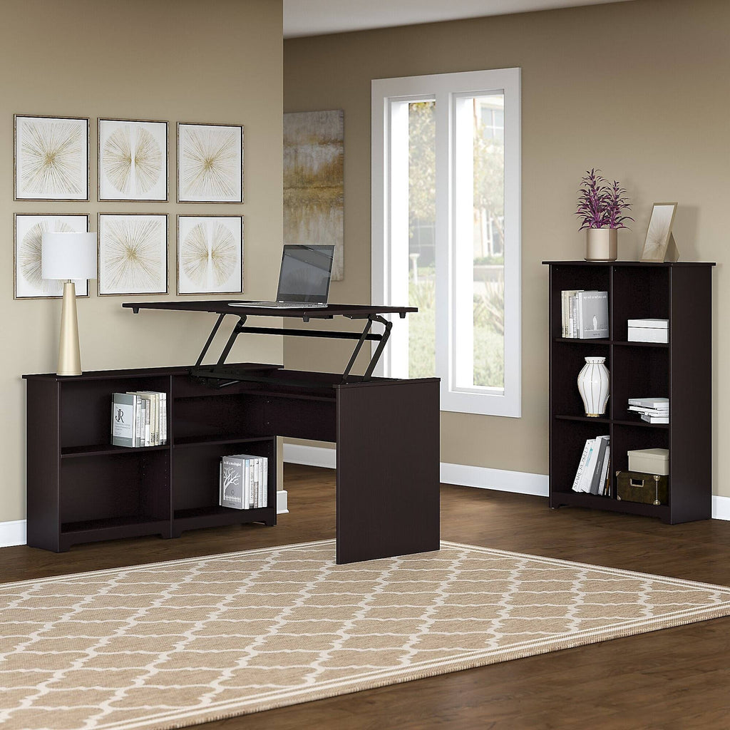 Espresso Oak 3 Position Sit to Stand Corner Bookshelf Desk with 6 Cube Organizer P906