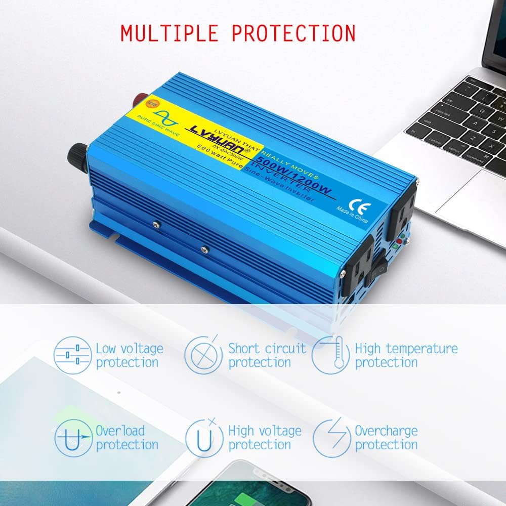 Pure Sine Wave Inverter 500 Watts 12V to 110V DC to AC with Dual AC Sockets and Dual USB Ports G79926