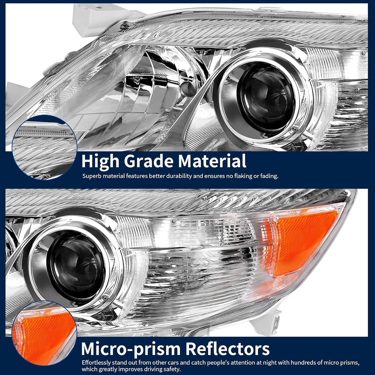 Headlight Assembly for 2010-2011 Camry Hybrid Chrome Housing Amber Reflector Projector Headlights N65201