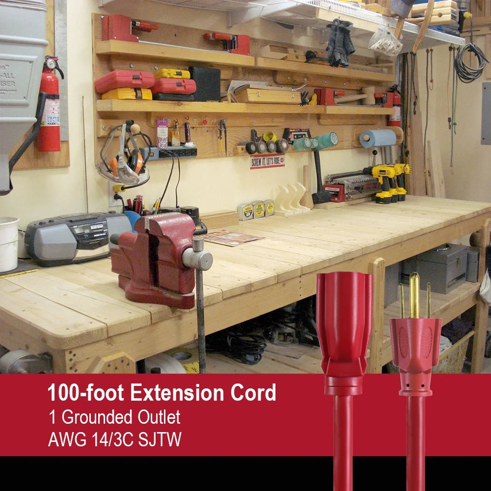 Red 100FT 14AWG 3 Prong Extension Cord H599