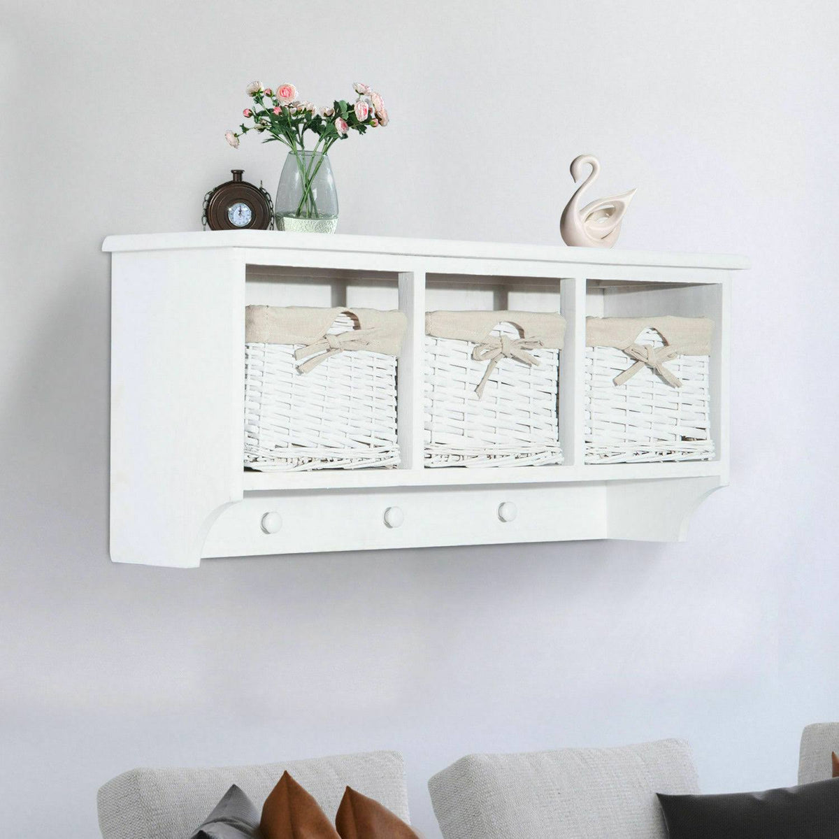 Wall Mounted Cabinet Coat Rack Shelf Storage with Hooks & Baskets S8377