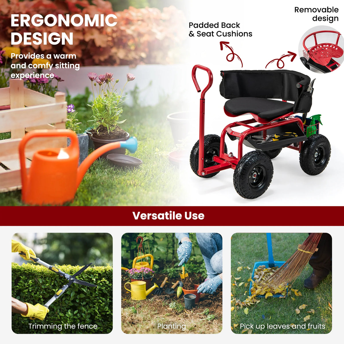 Rolling Garden Cart with Swivel Seat & Tool Storage N77114