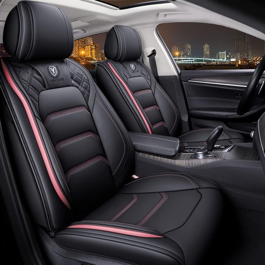 Leather Auto Car Seat Covers 5 Seats Full Set (BK - Pink) B7045