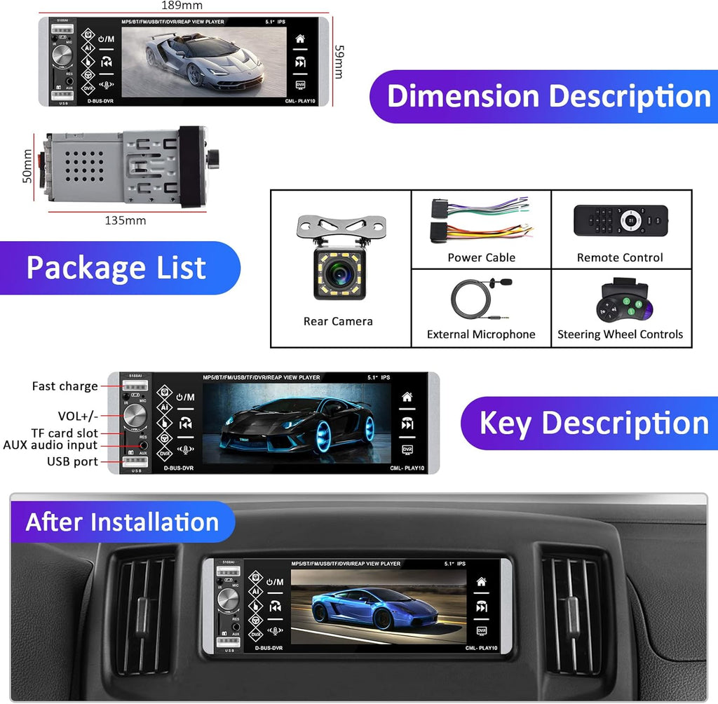 5.1 Inch HD Single Din Touchscreen Car Stereo with Bluetooth Backup Camera Z466