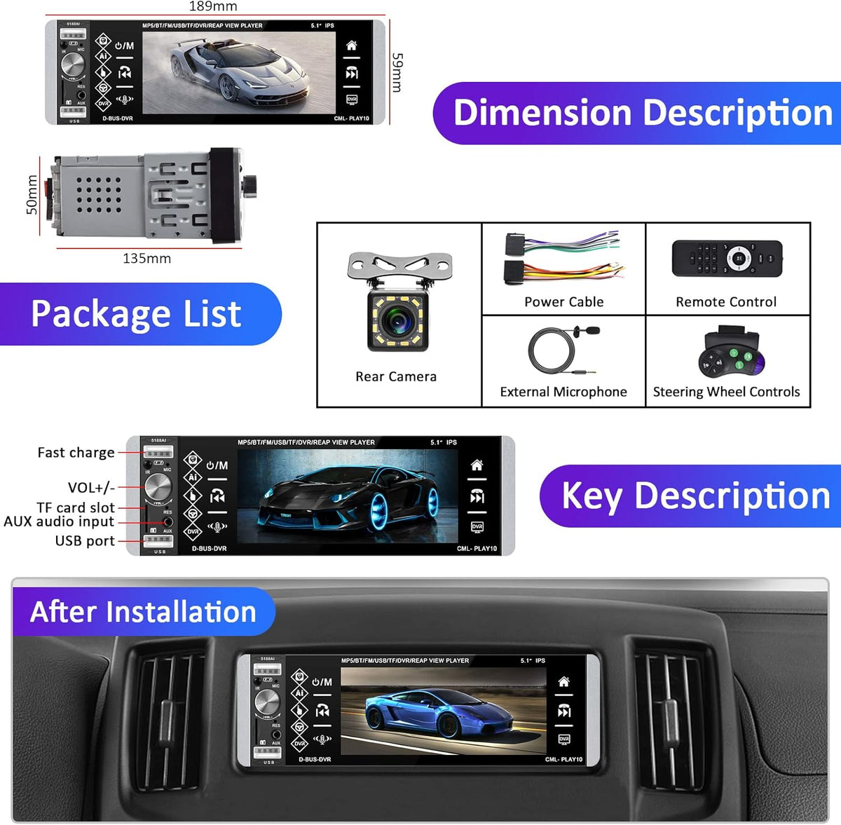 5.1 Inch HD Single Din Touchscreen Car Stereo with Bluetooth Backup Camera Z466