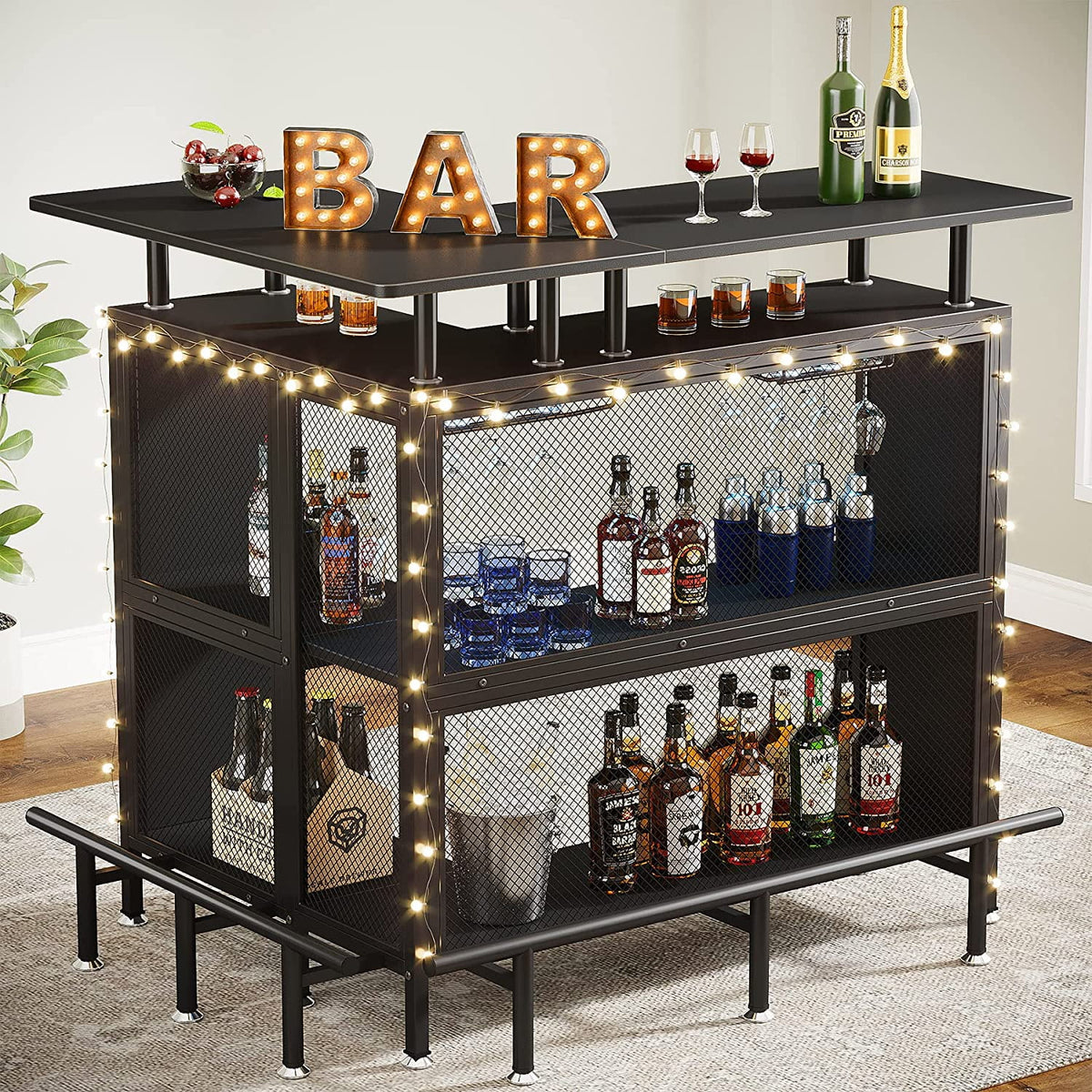 L-Shaped Black Bar Table with Stemware Racks and Shelves M966