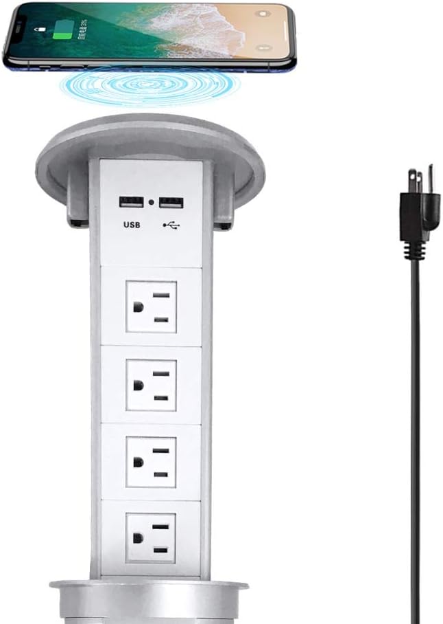 Black Pop up Outlet with Wireless Charger, 4 US Power USB Ports A15728