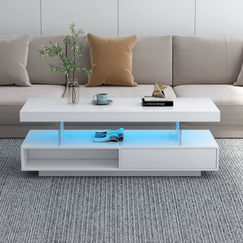 White LED Coffee Table with Storage and 2 Drawers Y649