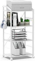 White 4-Tier Wooden Printer Stand Utility Cart with 8 Hooks Caster Wheels B2604