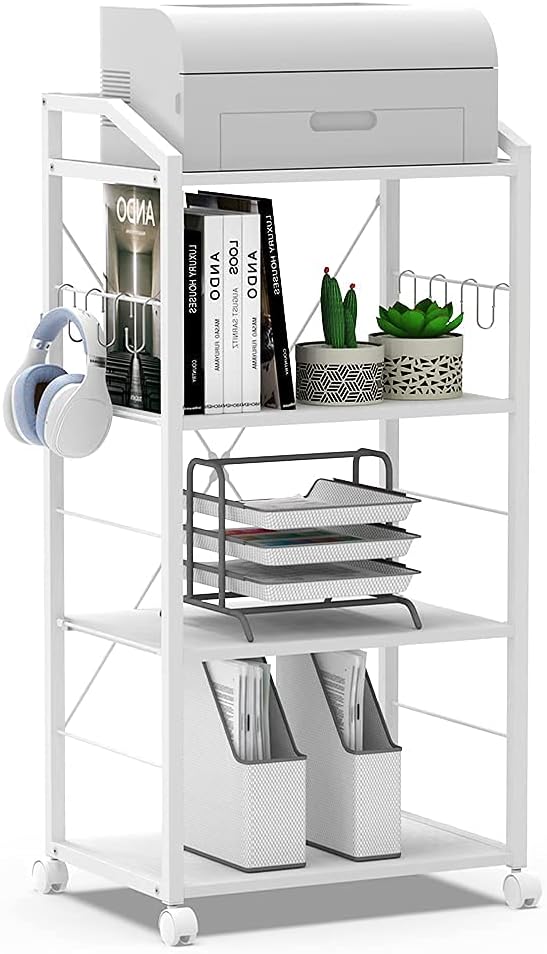 White 4-Tier Wooden Printer Stand Utility Cart with 8 Hooks Caster Wheels B2604
