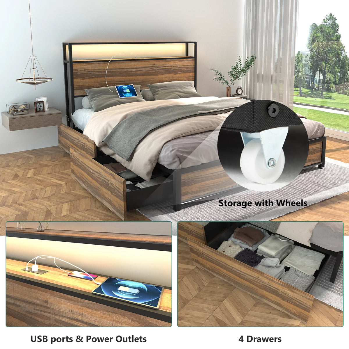 Queen Size LED Metal Platform Bed Frame with 4 Storage Drawers and Headboard J2003