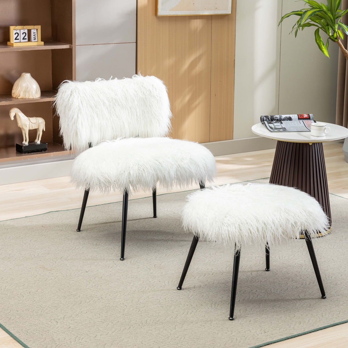Ivory Faux Fur Plush Accent Chair With Ottoman L465
