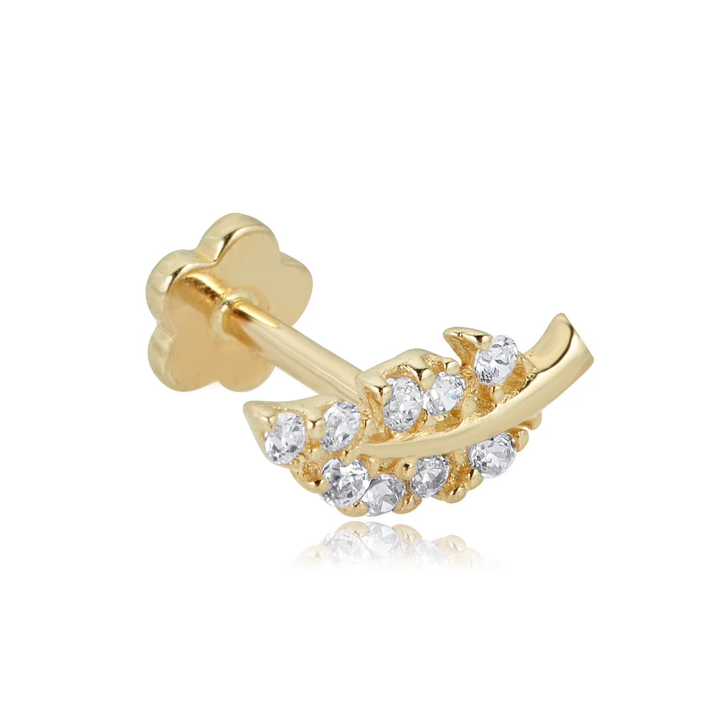 14K Yellow Gold Simulated Diamond CZ Leaf Cartilage Flat Back Earring M14878