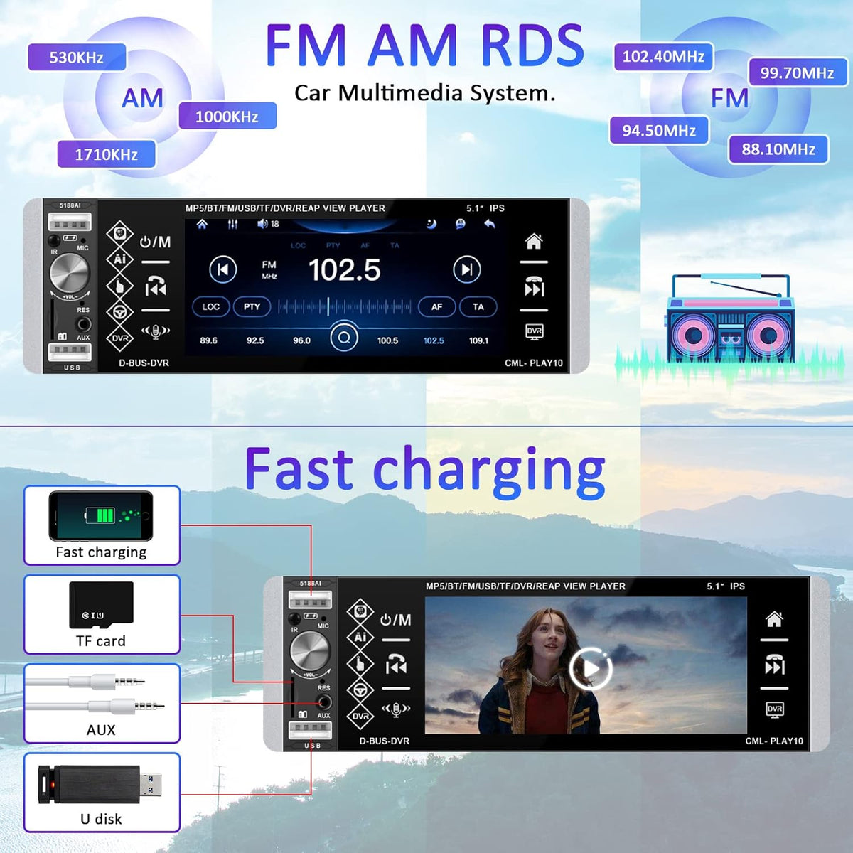 5.1 Inch HD Single Din Touchscreen Car Stereo with Bluetooth Backup Camera Z466