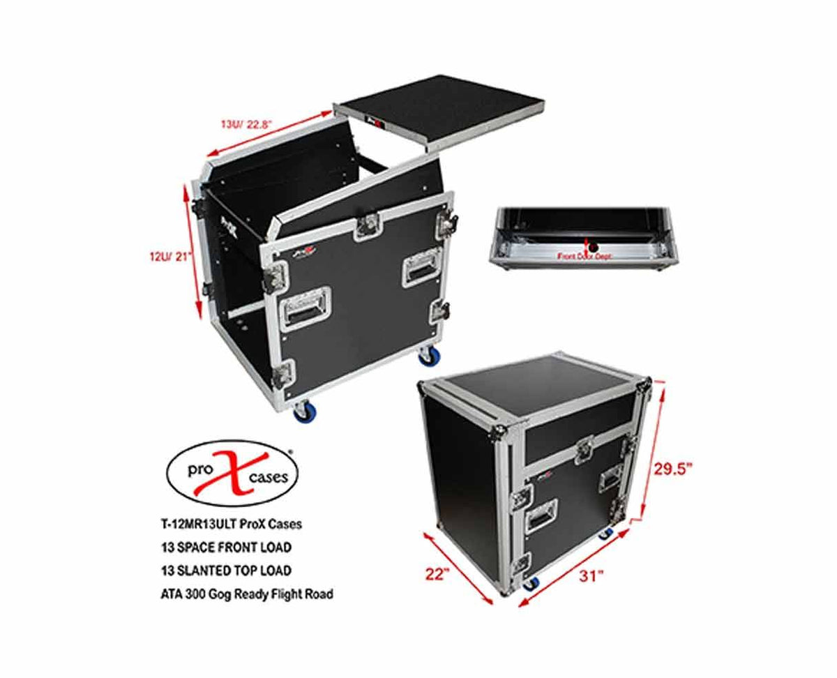 12U Rack Front Load 13U Top Mixer DJ Combo Flight Case with Laptop Shelf and Casters H99278
