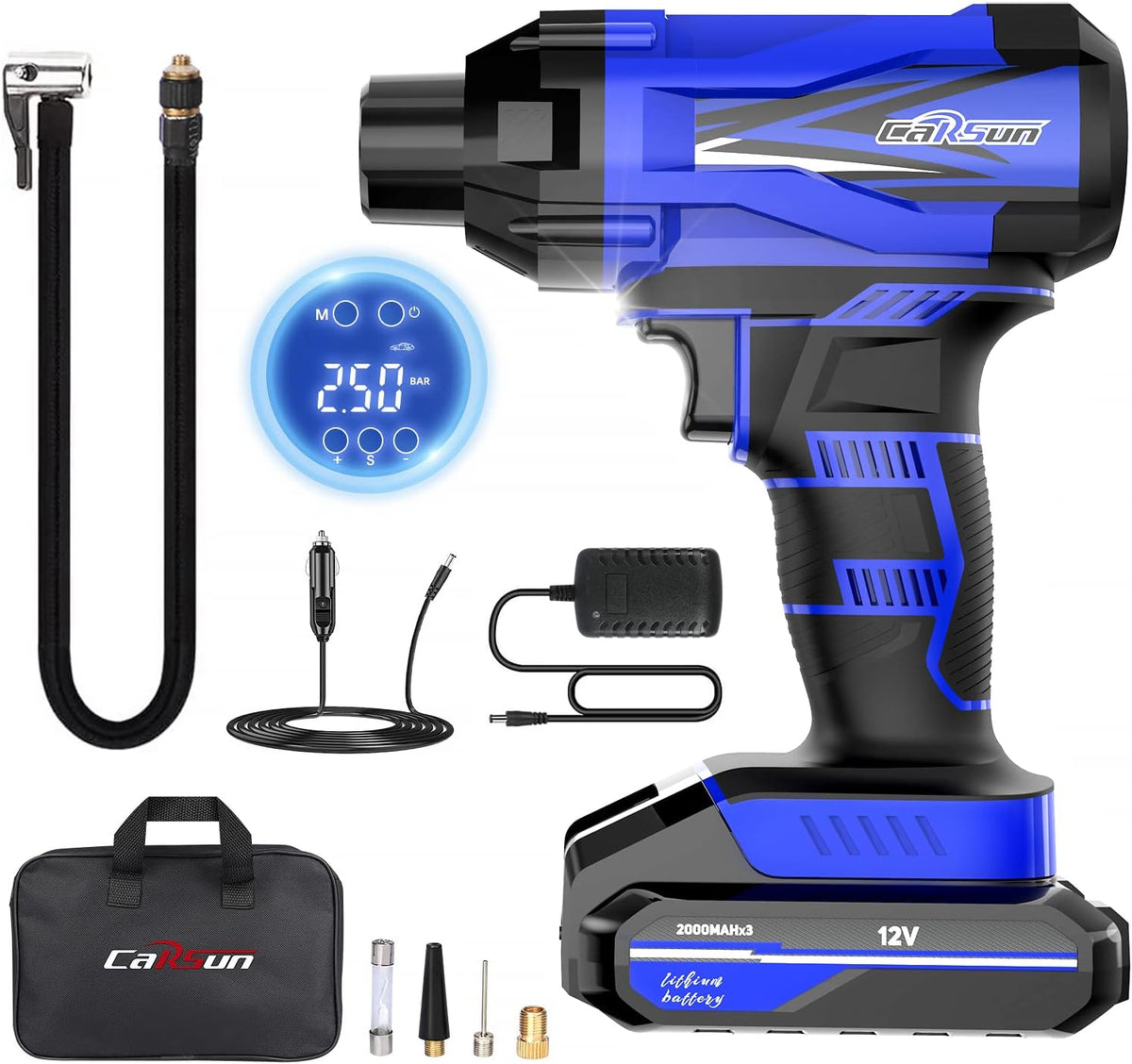 Cordless Tire Inflator Air Compressor, 12V Car Tire Pump with Rechargeable Li-ion Battery 150PSI Portable Handheld Air Pump with Digital Pressure Gauge, Blue Pack of 2 D919330