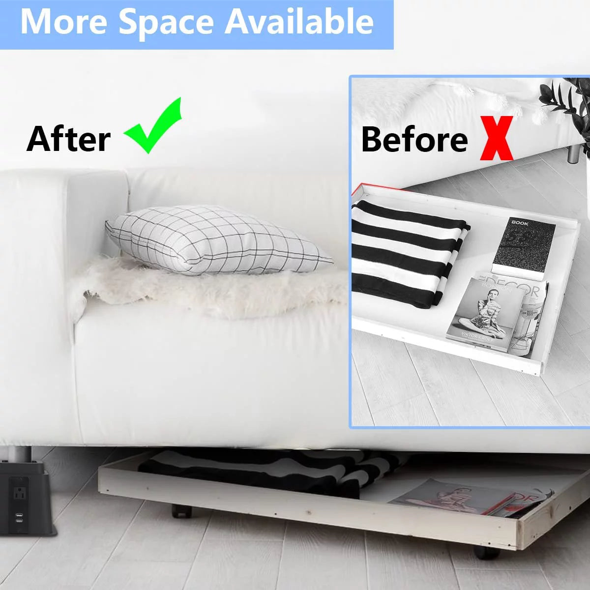 Black Set of 4 Adjustable Bed Riser with Power Outlet and USB Ports T945