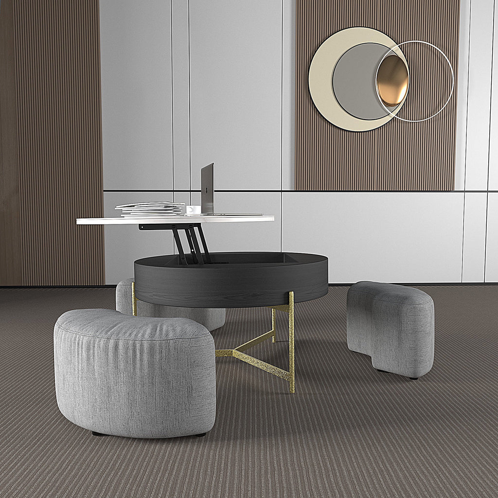 Lift-Top Coffee Table with 3 Stools White Black H75110