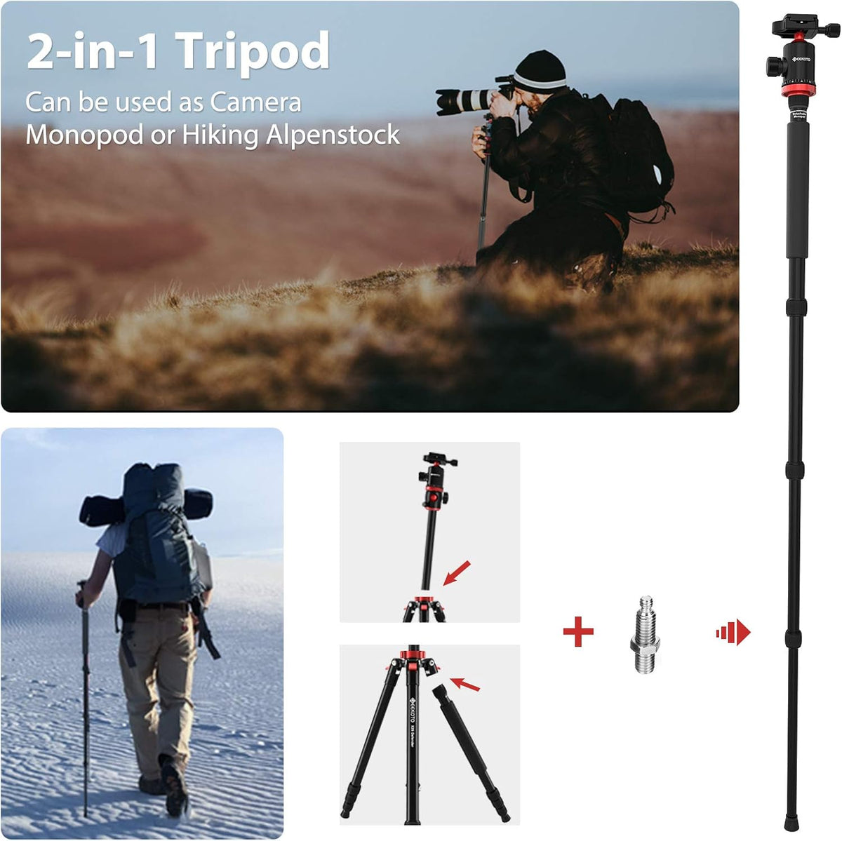 Aluminum Tripod with 360-Degree Ball Head and Rotatable Center Column, 75-Inch G249