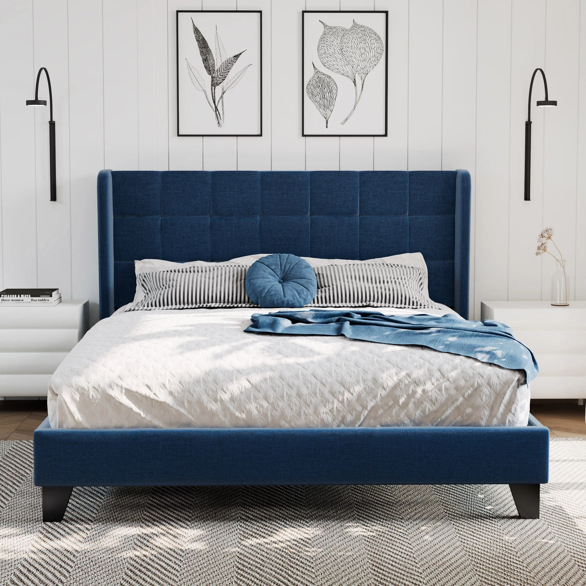 Queen Size Platform Bed Frame with Wingback Headboard R3752