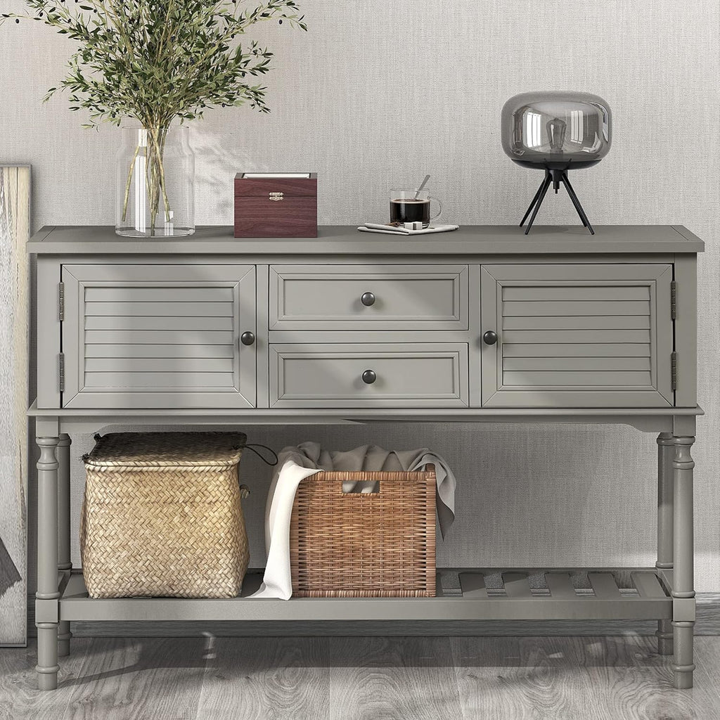 Solid Wood Console Table with 7 Drawers, 1 Cabinet and Shelf, Blue, 45.3x15x33.7 in F140