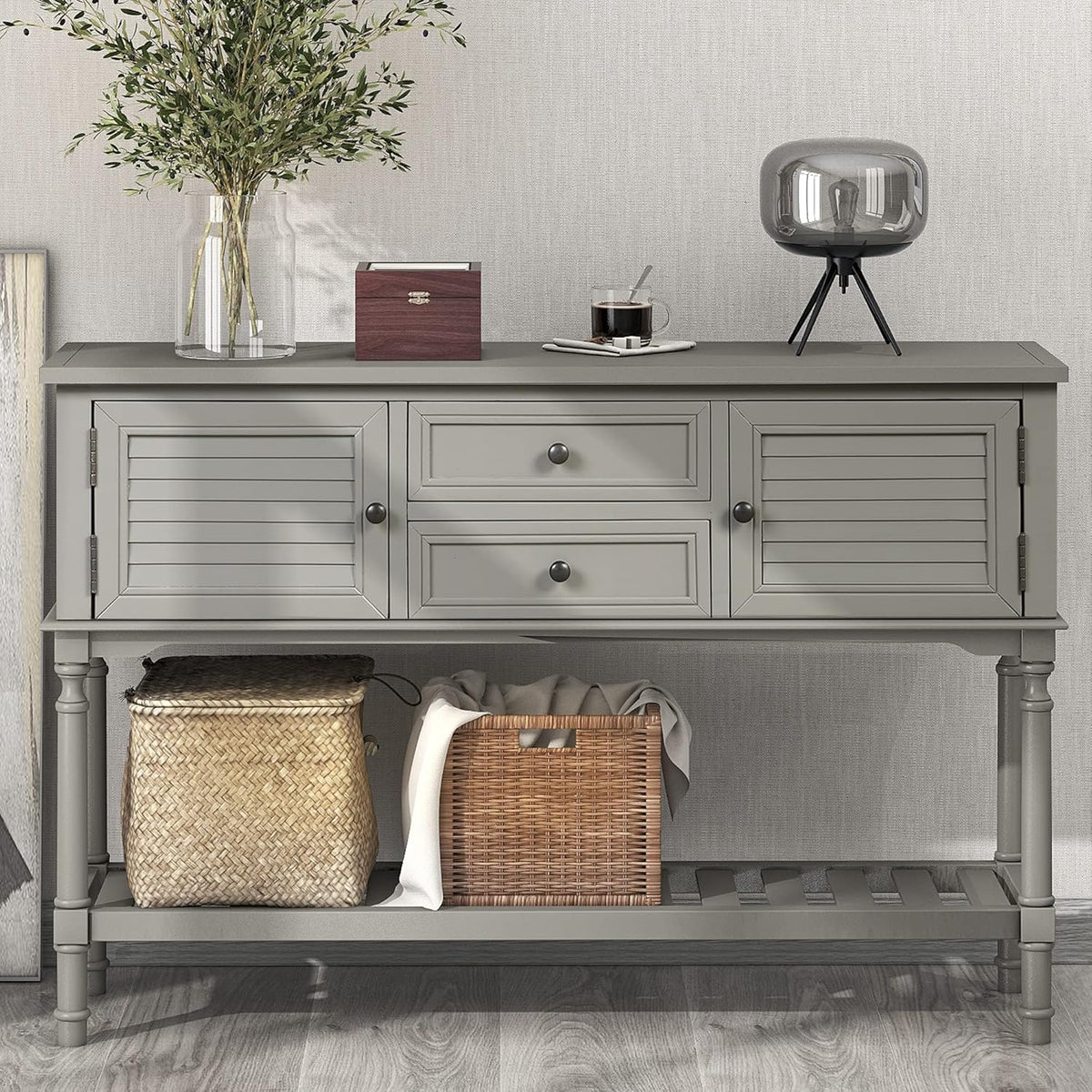 Solid Wood Console Table with 7 Drawers, 1 Cabinet and Shelf, Blue, 45.3x15x33.7 in F140