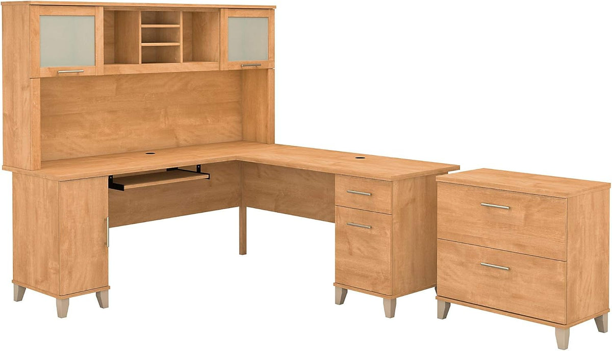 60W L Shaped Desk with Hutch and Lateral File Cabinet G447