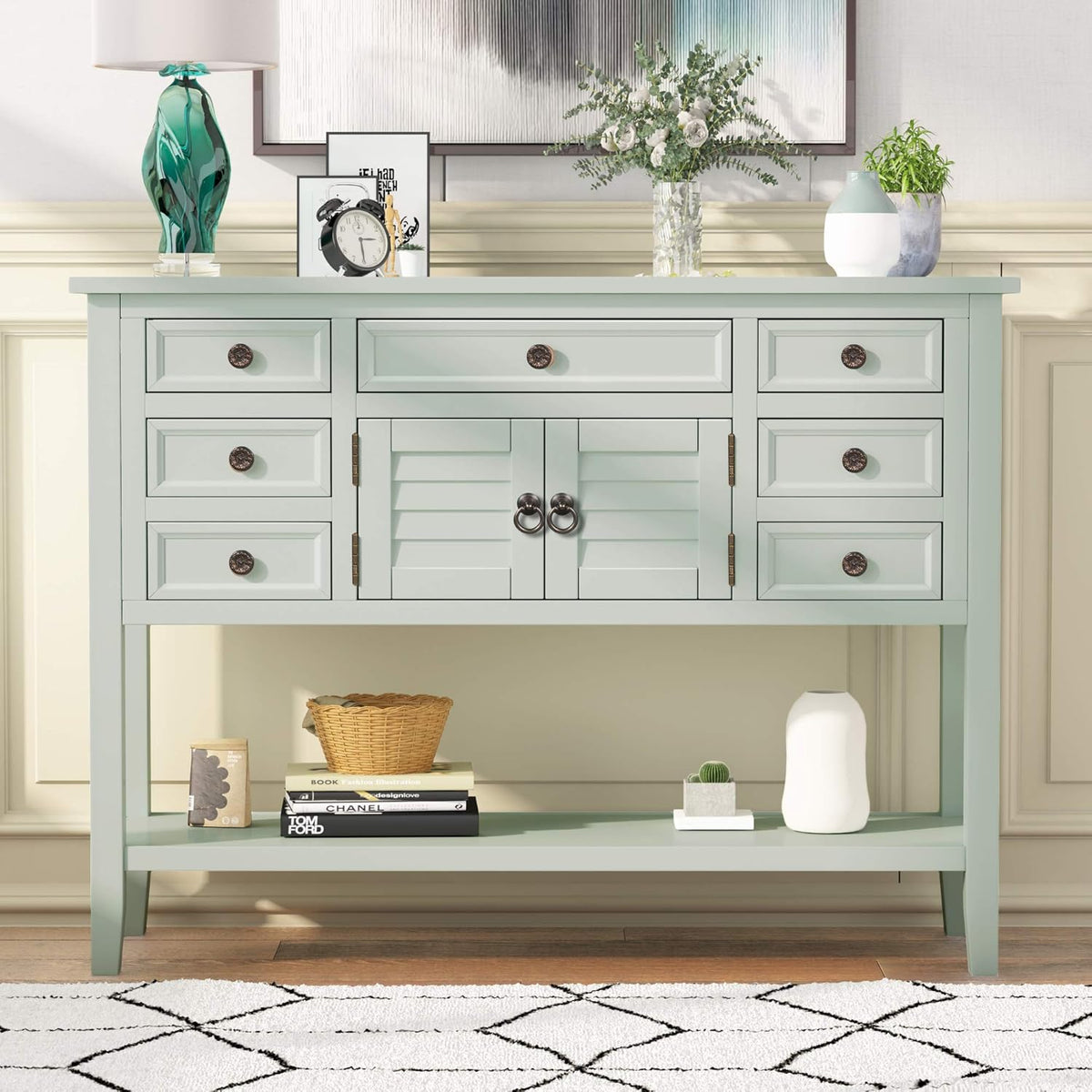 Solid Wood Console Table with 7 Drawers, 1 Cabinet and Shelf, Blue, 45.3x15x33.7 in F140
