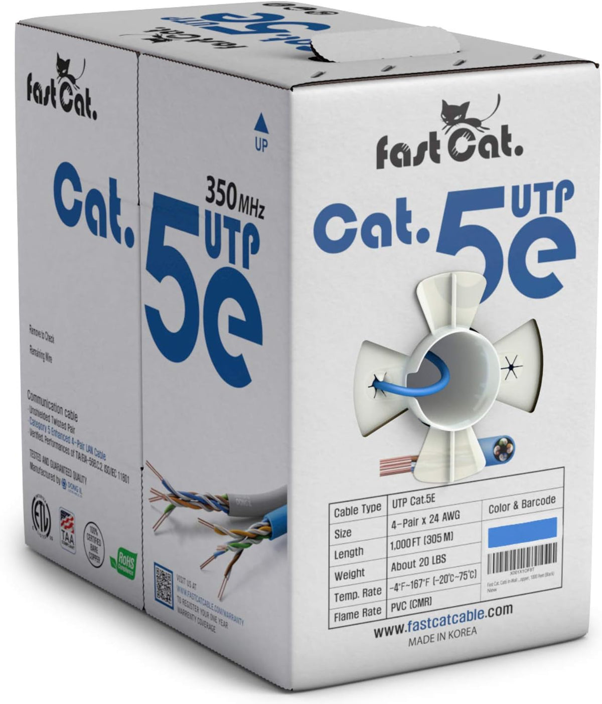 Cat5e Ethernet Cable 1000ft - 24 AWG CMR Bare Copper UTP LAN Cable (Orange) A5603