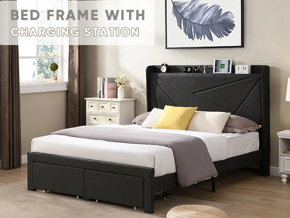 Queen Size Bed Frame with 2 Storage Drawers Dark Gray Q919