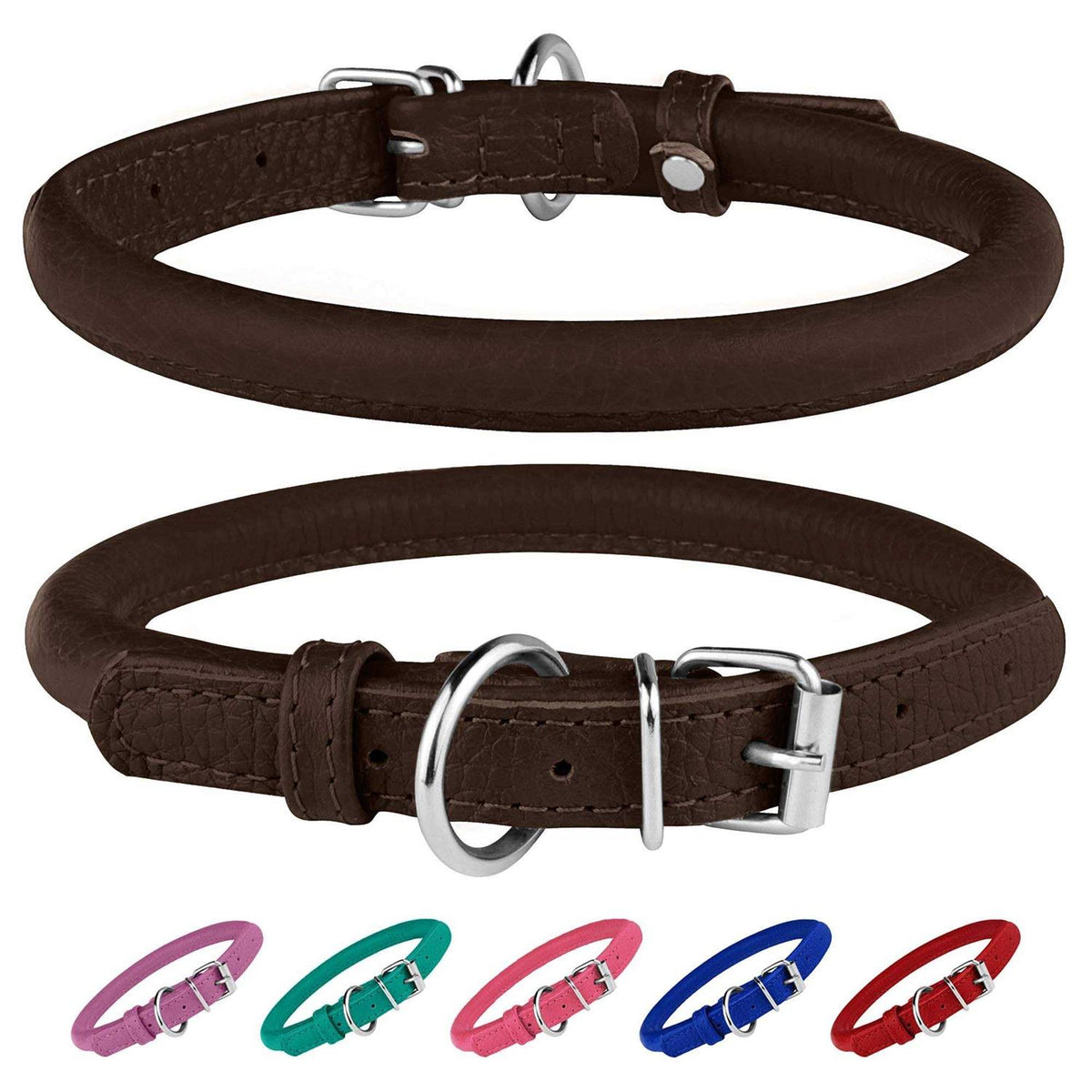 Rolled Leather Dog Collar with QR ID Dog Tag H326