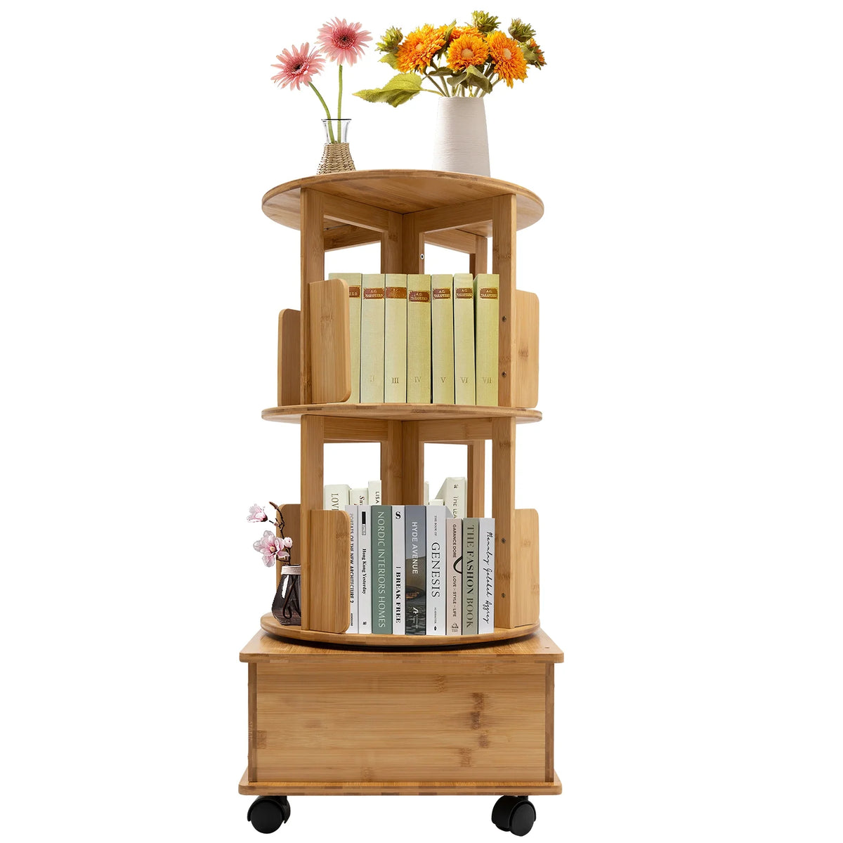 2 Tiers Rotating Bamboo Side Table with Wheels F735727