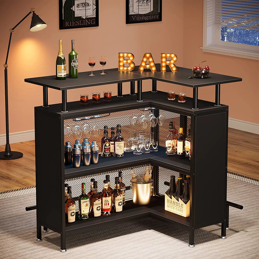 L-Shaped Black Bar Table with Stemware Racks and Shelves M966