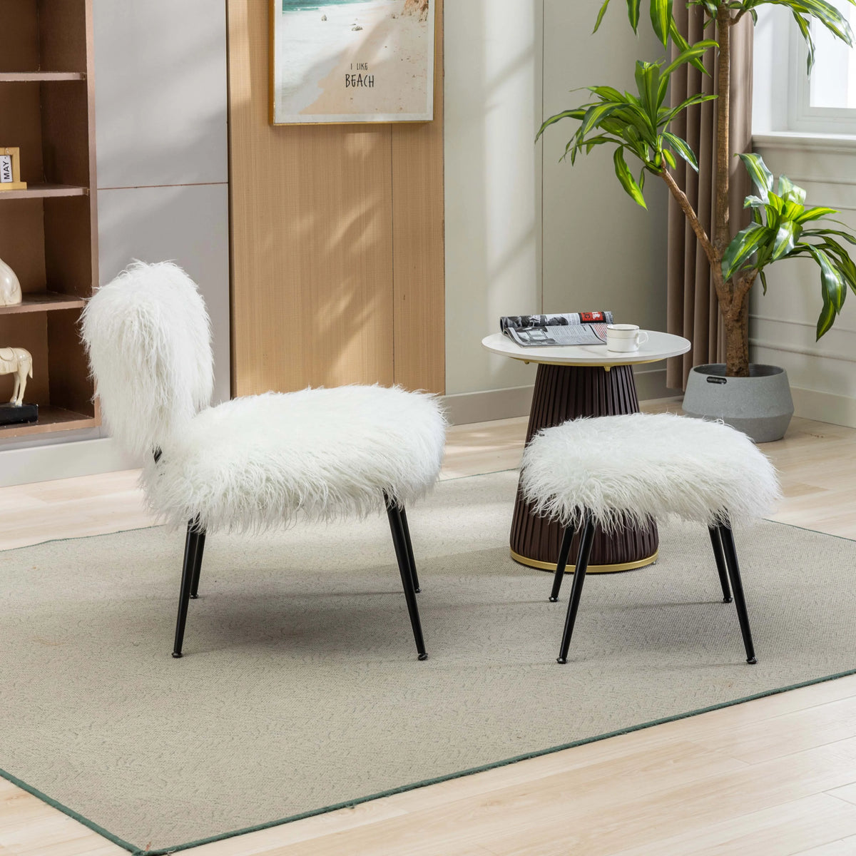 Ivory Faux Fur Plush Accent Chair With Ottoman L465