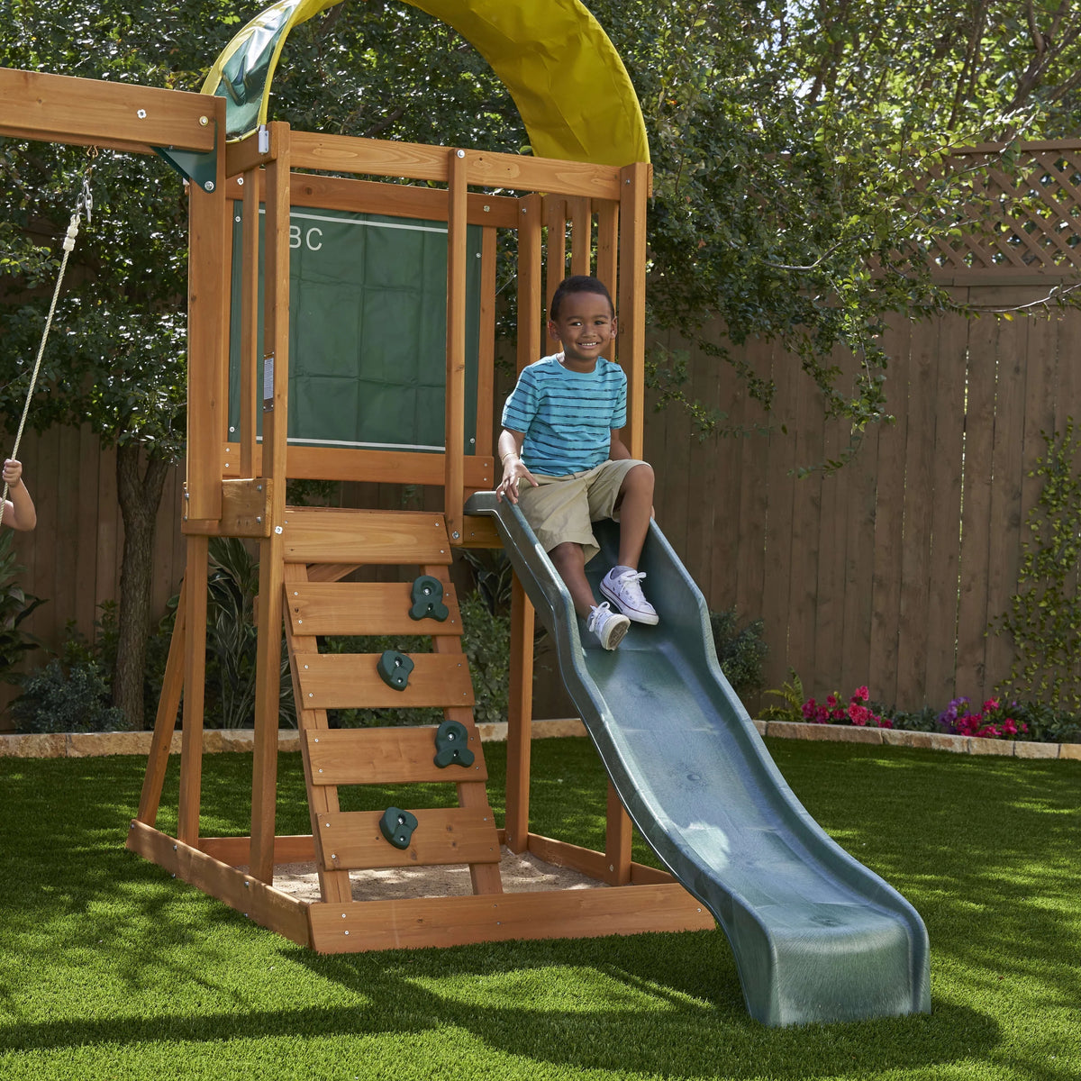 Wooden Outdoor Swing Set with Slide and Rock Wall O79845