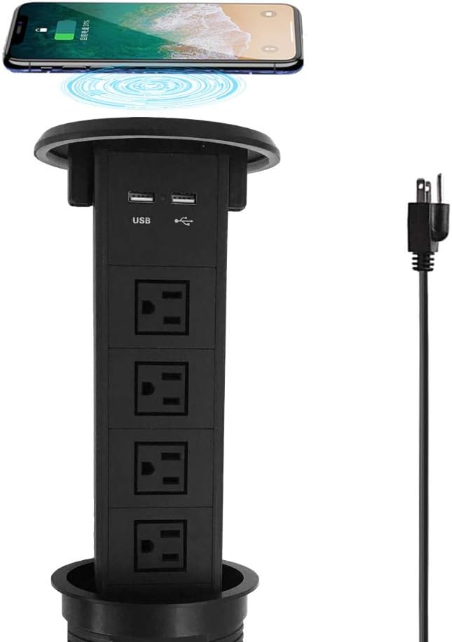 Black Pop up Outlet with Wireless Charger, 4 US Power USB Ports A15728