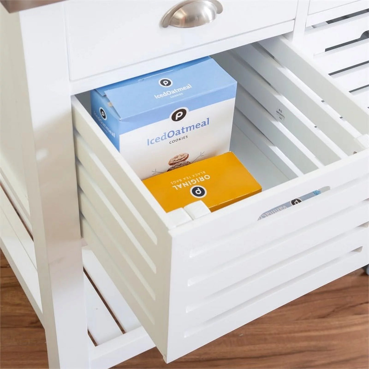 White Wood Stainless Steel Top Kitchen Cart D36766