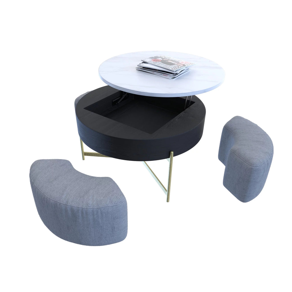 Lift-Top Coffee Table with 3 Stools White Black H75110