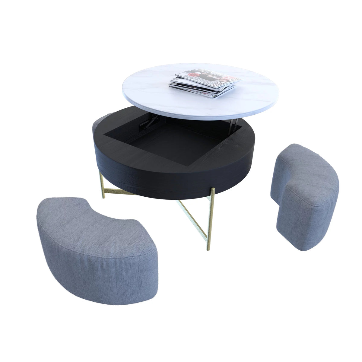 Lift-Top Coffee Table with 3 Stools White Black H75110