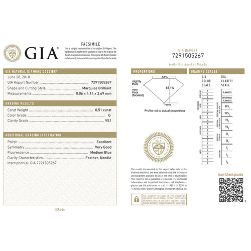18K Gold Marquise Solitaire Engagement Ring 0.50 Carat GIA Certified Y745478