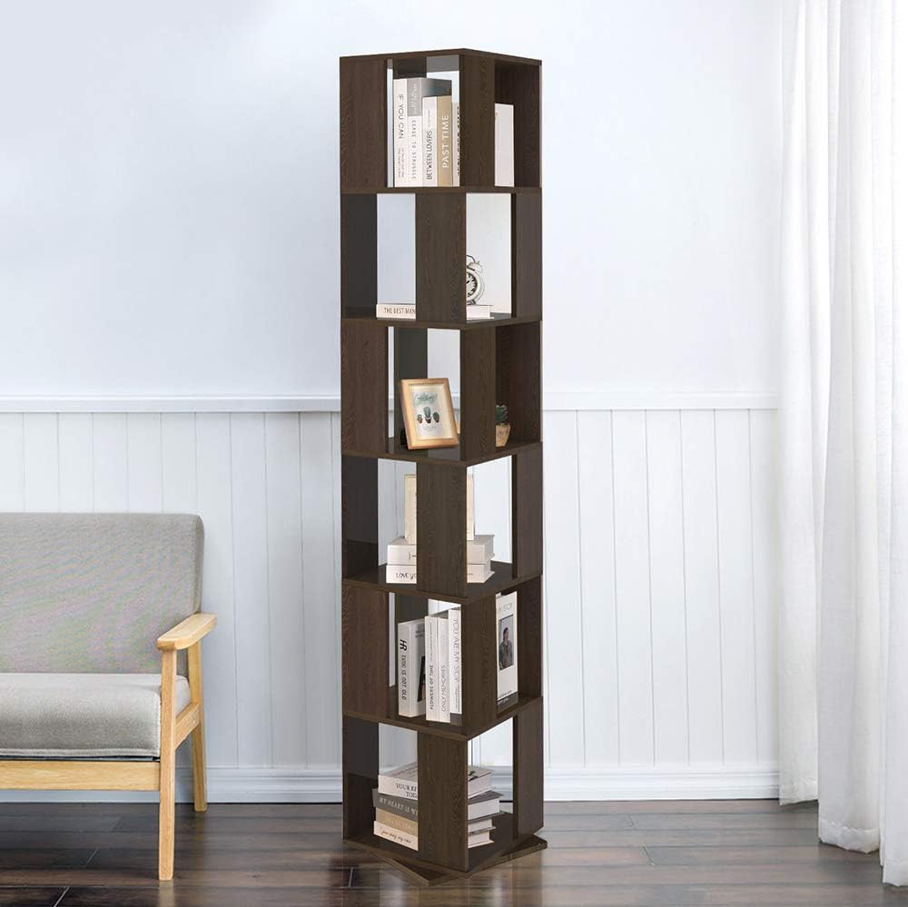 Black Walnut 6 Tier Rotating Wooden Bookcase E3346
