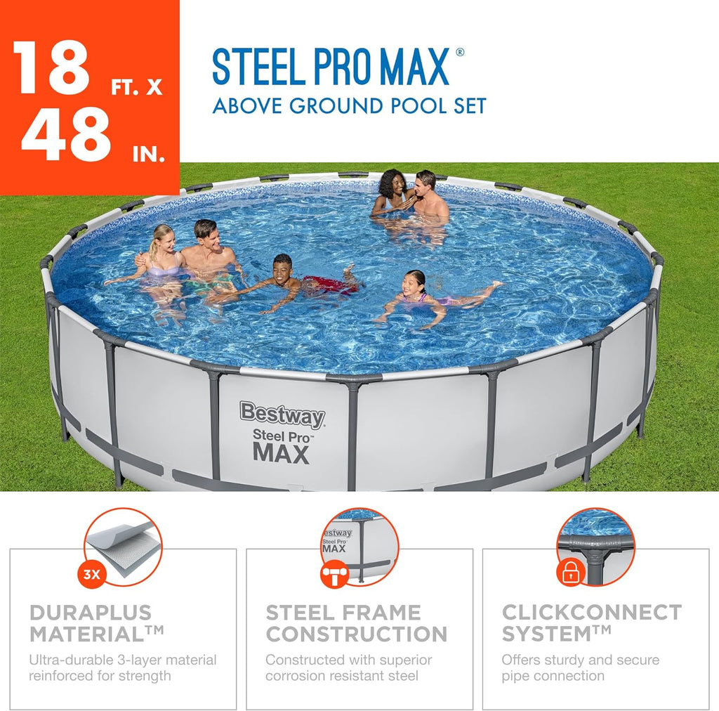 18 Foot x 48 Inch Round Metal Frame Above Ground Swimming Pool Set with Filter Pump, Ladder, and Cover P2824