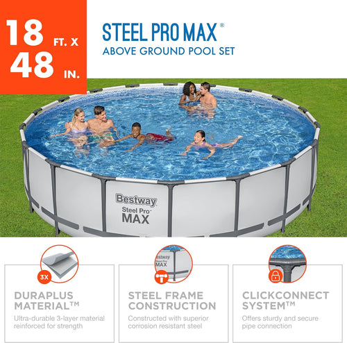 18 Foot x 48 Inch Round Metal Frame Above Ground Swimming Pool Set with Filter Pump, Ladder, and Cover P2824