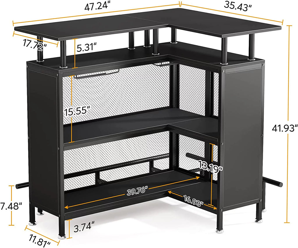 L-Shaped Black Bar Table with Stemware Racks and Shelves M966