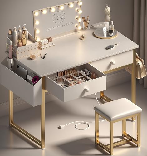 White Makeup Vanity Desk with Chair and Fabric Drawers G2175