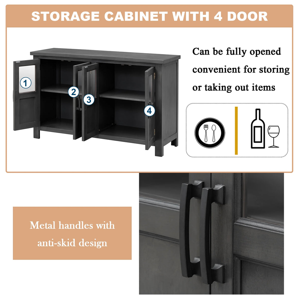 Gray 4 Door Buffet Cabinet with Adjustable Shelves D8249