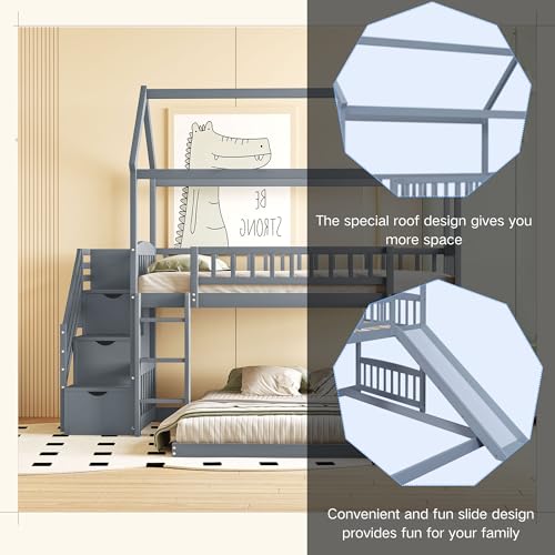Twin Over Full Bunk Bed with Stairs and Slide, Gray S561