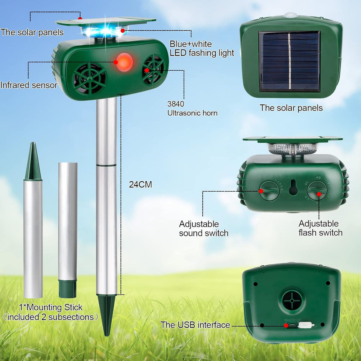 Ultrasonic Solar Powered Animal Repellent with Motion Sensor C2885
