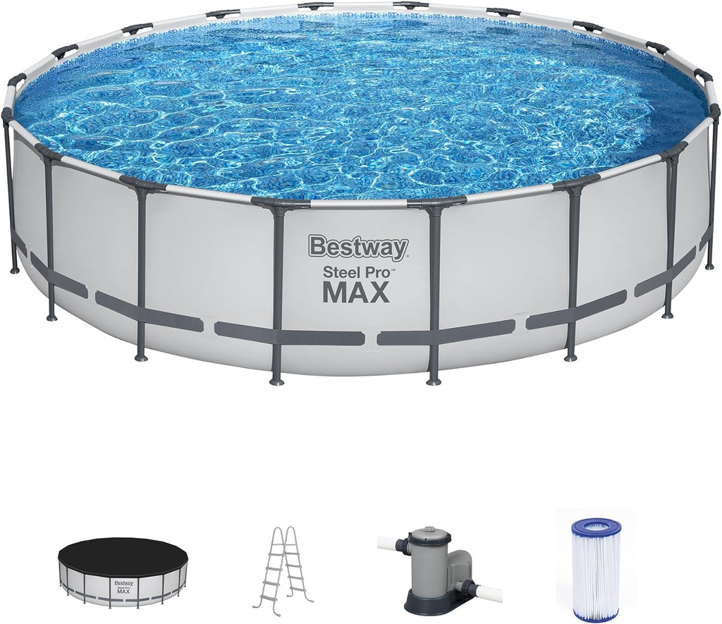 18 Foot x 48 Inch Round Metal Frame Above Ground Swimming Pool Set with Filter Pump, Ladder, and Cover P2824