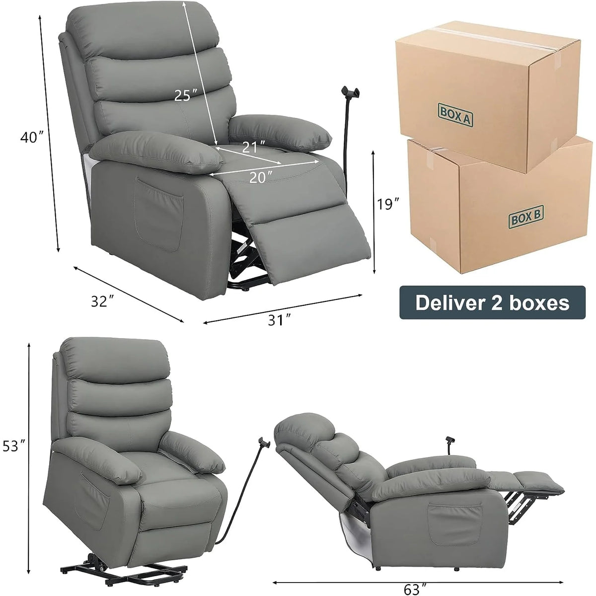 Dark Gray Micro Leather Power Lift Recliner Chair with Remote B464